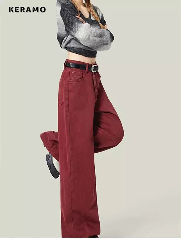 Jeans de perna larga vermelho feminino, calça jeans casual americana vintage, calça reta solta feminina de cintura alta, estilo rua