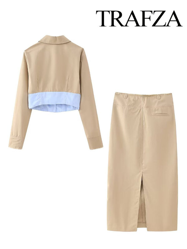 Женский комплект из 2 предметов TRAFZA, однобортная короткая рубашка с отложным воротником и длинными рукавами и элегантная юбка с высокой талией и разрезом на подоле