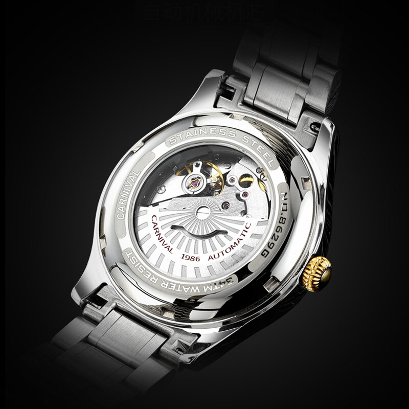CARNIVAL-Relógio Mecânico Automático para Homens, Relógios de Luxo, Aço Dourado, Impermeável, Luminoso, Negócio, Top Brand, Data