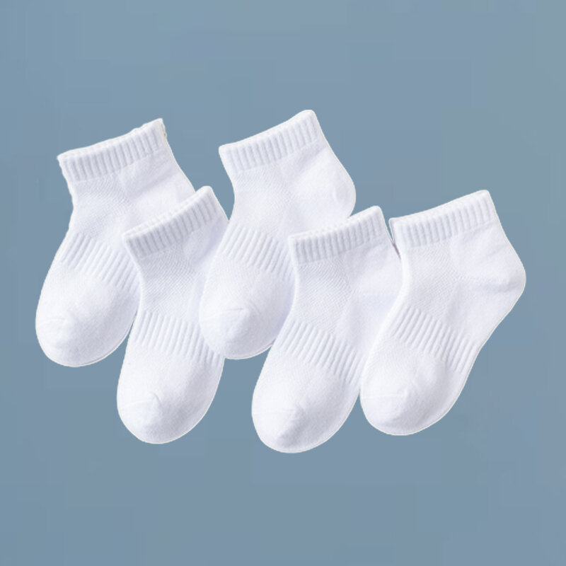 Kaus kaki jala anak laki-laki dan perempuan, Kaos Kaki olahraga warna putih ramah kulit musim semi 5 pasang