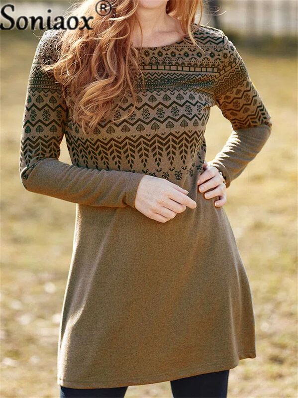 Vestido de lana con estampado Vintage para mujer, ropa de manga larga con cuello redondo, de cintura media, 2022