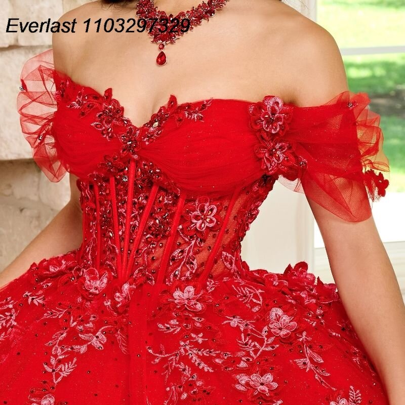 EVLAST-Vestido Quinceanera Vermelho Brilho, Vestido de Baile, Beading 3D Applique Flores, Cristais Espartilho, Doce 15 Anos, TQD590
