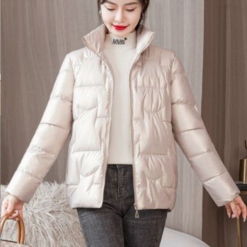 Parkas monocromáticas para mulheres, moda coreana casual, gola alta, temperamento, combina com tudo, casacos quentes de inverno, roupas femininas simples