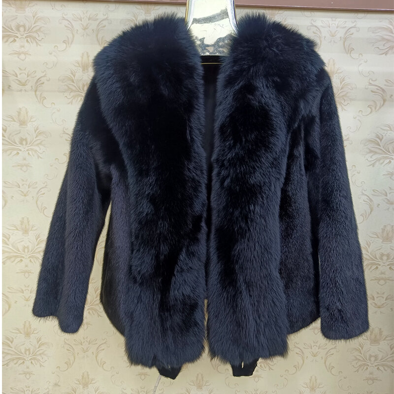 Women's winter fashion 100% mink fur whole skin jacket warm natural fox fur collar leather jacket high quality luxury coat