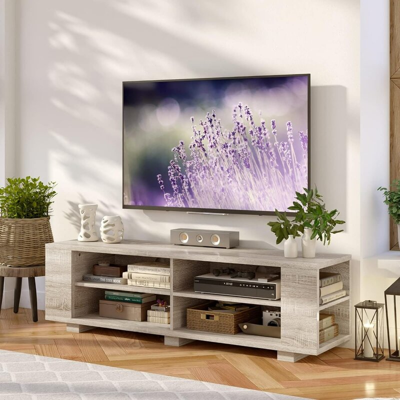 TV de madeira stand até 65 polegadas tela plana, moderno centro de entretenimento com 8 prateleiras abertas, console de tv mesa (carvalho branco)