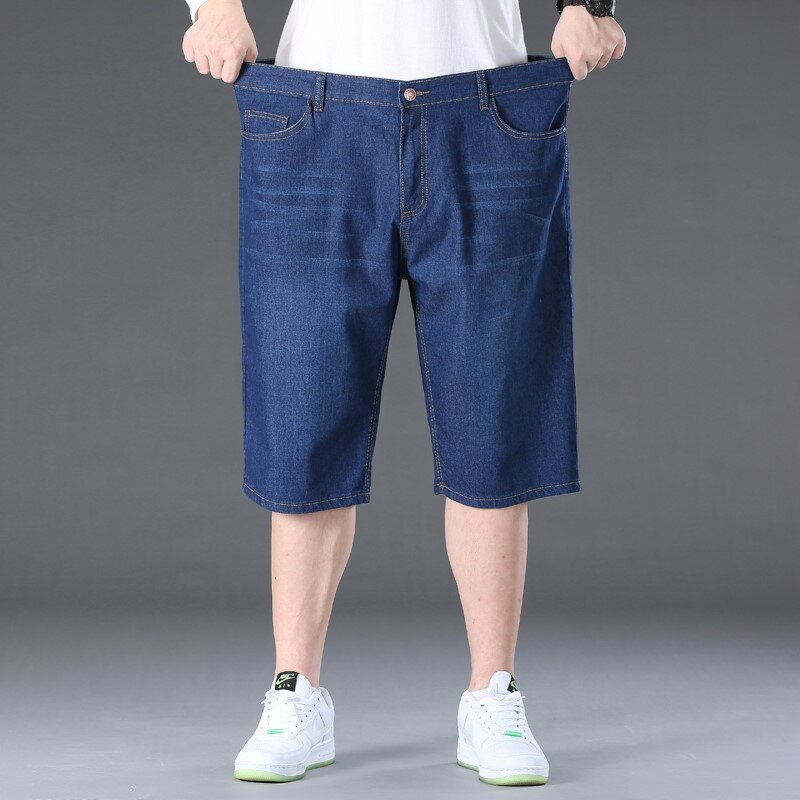 Plus Size 48 50 150KG Denim Short Jeans Men Casual Thin Fashion Summer Pants Elastic Loose Straight Big Large Size 5XL 6XL 7XL