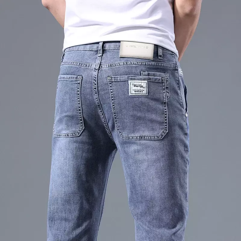 Jeans stretch azul vintage masculino, estilo clássico, moda empresarial, tecido jeans, calças retas, calças de marca masculina, novo, primavera, 2023