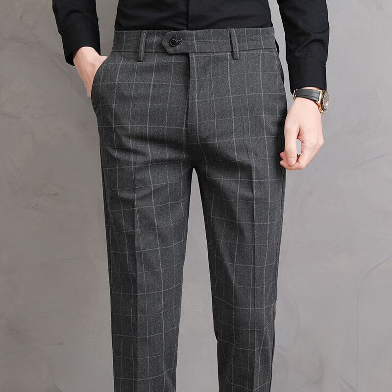 Summer Men Formal Pants Korea Fashion Business Suit  Trousers For Men Plaid Pants Straight Fit Stretch Black Gray Dress Pants