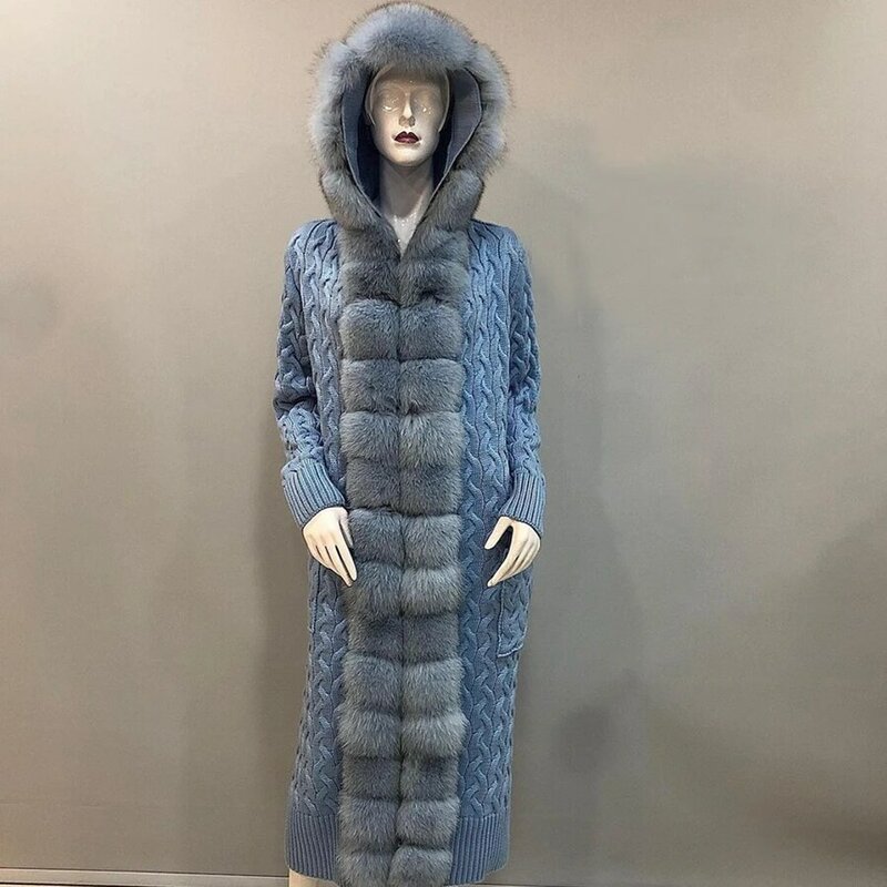 Veste d'hiver en fourrure de renard naturelle pour femme, Cardigan en cachemire, Long pull avec chapeau, nouveauté 2022