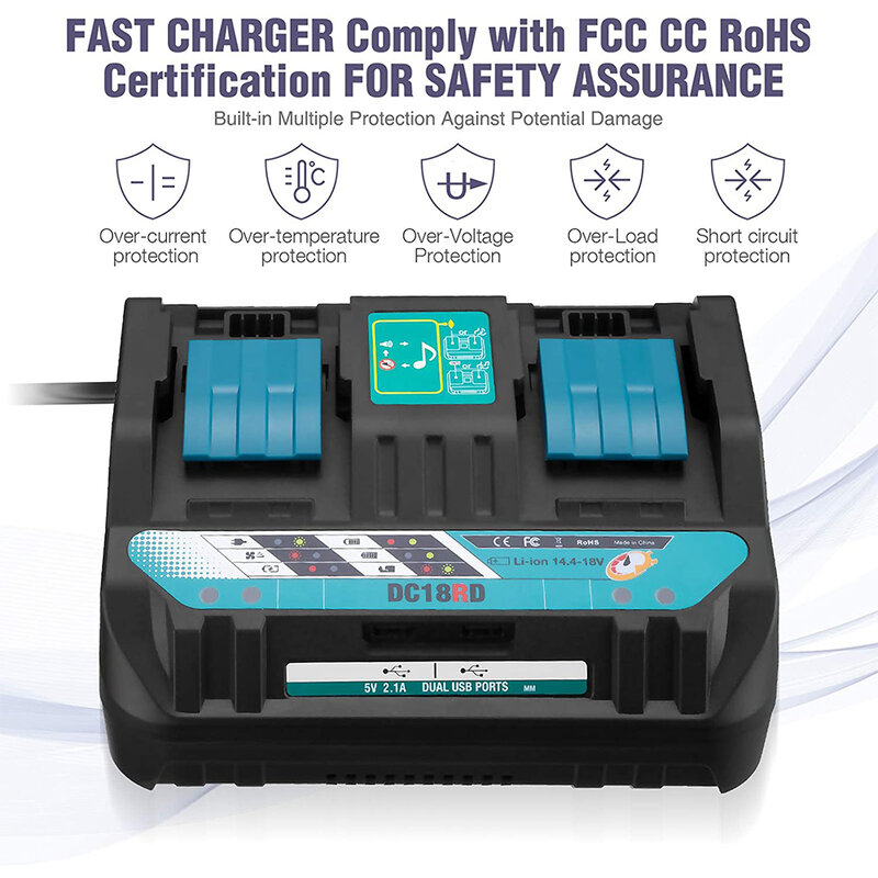 Dual Battery Charger DC18RD Replacement for Makita 18V Battery Charger Makita 14.4V 18V Li-ion Battery BL1830 BL1840 BL1860