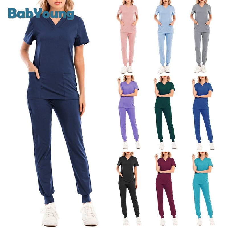 Uniformes de Enfermería de dos piezas Unisex, pantalones cortos, conjuntos de fregado, con bolsillo Camiseta de manga, pantalones sueltos, ropa de trabajo para salón de belleza, monos de talla grande