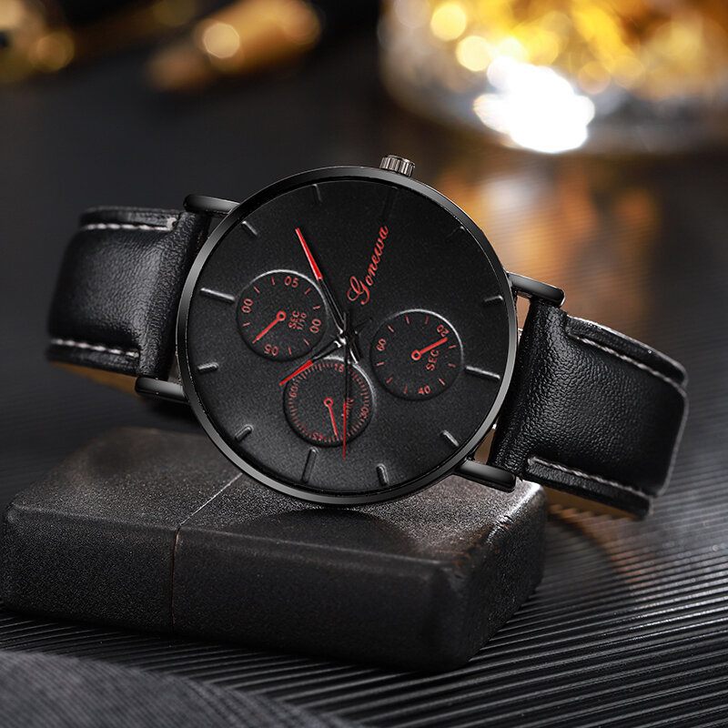 3PCS Set Fashion Simple Mens orologi uomo Business Black Beaded bracciale collana cinturino in pelle orologio da polso al quarzo Reloj Hombre