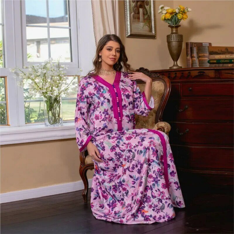 두바이 터키 여성 용수철 의류, 로즈 퍼플 원피스, 중동 프린트 패션