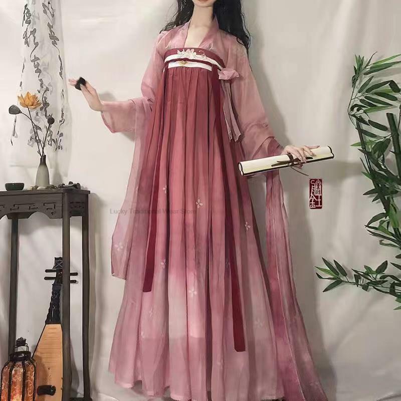 Hanfu baju dansa tradisional Cina kuno wanita, pakaian Vintage Cosplay bordir putri kuno