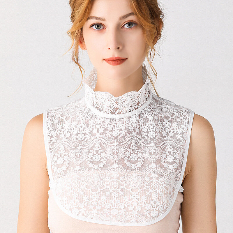 2023 Cotton Fake Collar White Lace Floral Women Detachable False Collar Blouse Removable Stand Collar Tie Sweater Decoration