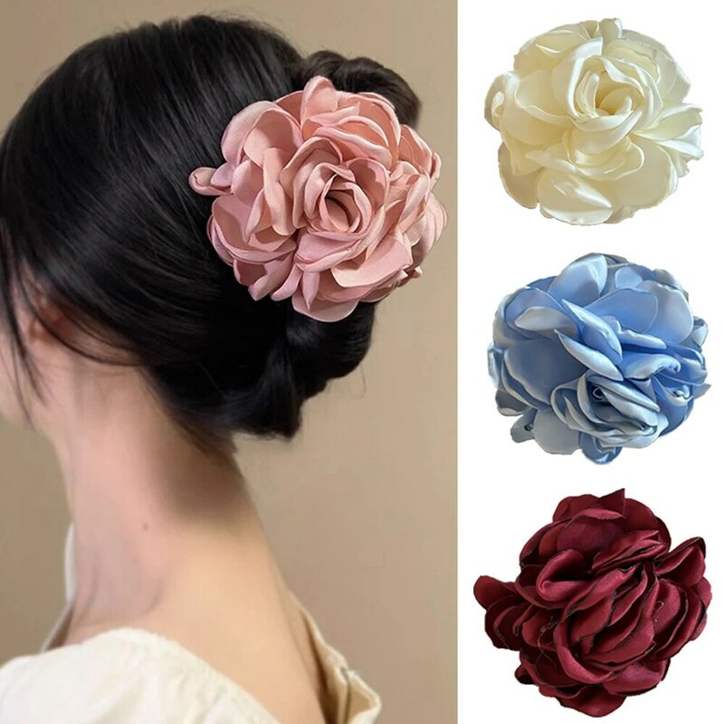 Women Sweet Barrette Big Flower Fabric Hairpin Rose Hair Claws Hairpins Spring Summer Colored Hair Clips  Princess Headdress