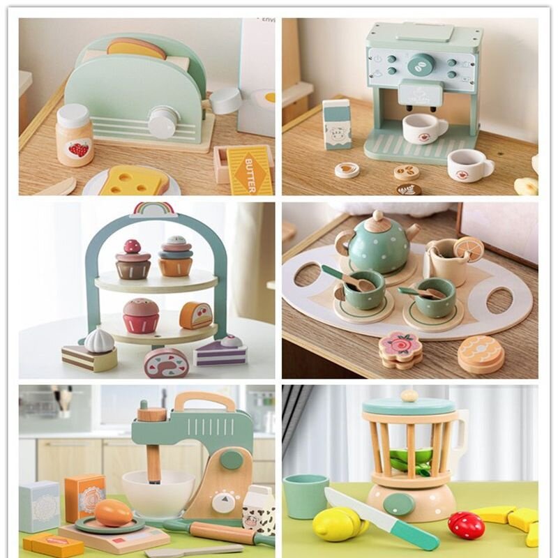 Wooden Pretend Play Kitchen Toys Coffee Machine Tea Set Toy Cake Ice Cream Play Set Learning Toys for Girls Boys Children Gifts