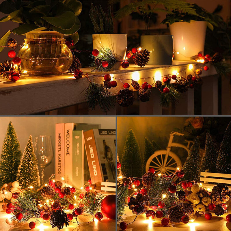 Christmas Garland Lights 2M 20LEDs ทองแดงลวด Pinecone ผลเบอร์รี่ Fairy สำหรับกลางแจ้งวันขอบคุณพระเจ้า Holiday Party ตกแต่ง