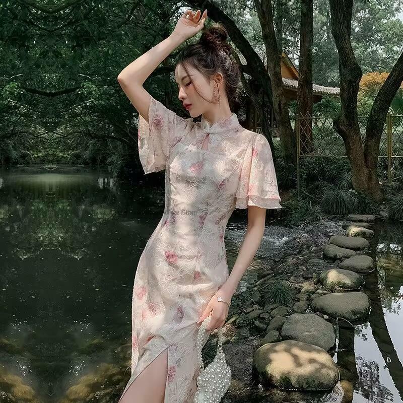 Nuove donne in stile cinese elegante vestito orientale sottile giovane donna primavera estate moda migliorata pizzo Cheongsam Vestido Qipao Dress