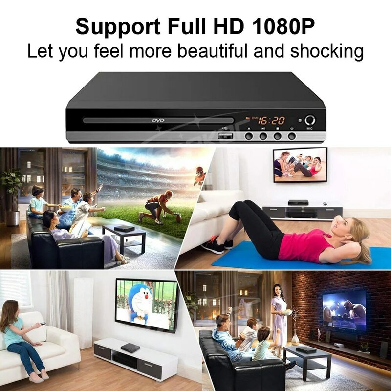 Woopker Home lettore DVD Full HD B29 1080P lettore CD/ EVD/ VCD ad alta definizione con uscita AV e HDMI microfono USB 110V / 220V