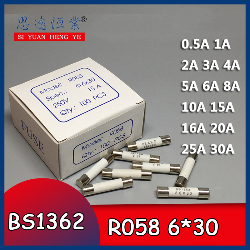 Fusible cerámico rápido, tubo de Fusible AMP, 6x30mm, R058, 100 V, 0.5A, 1A, 2A, 3A, 4A, 5A, 6A, 8A, 10A, 13A, 15A, 20A, 250 unids/lote por caja