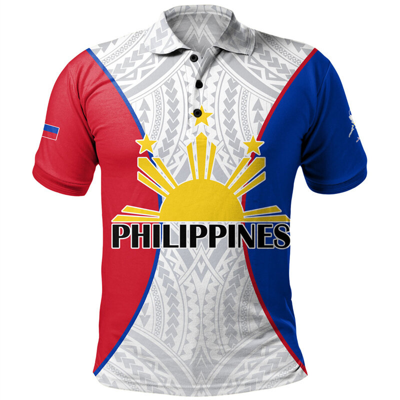 เสื้อโปโลธงชาติฟิลิปปินส์สำหรับผู้ชายเสื้อโปโลมีกระดุมพิมพ์ลาย3D เสื้อยืดฮาวายแขนสั้นแนวสตรีทลำลองทรงหลวมฤดูร้อน