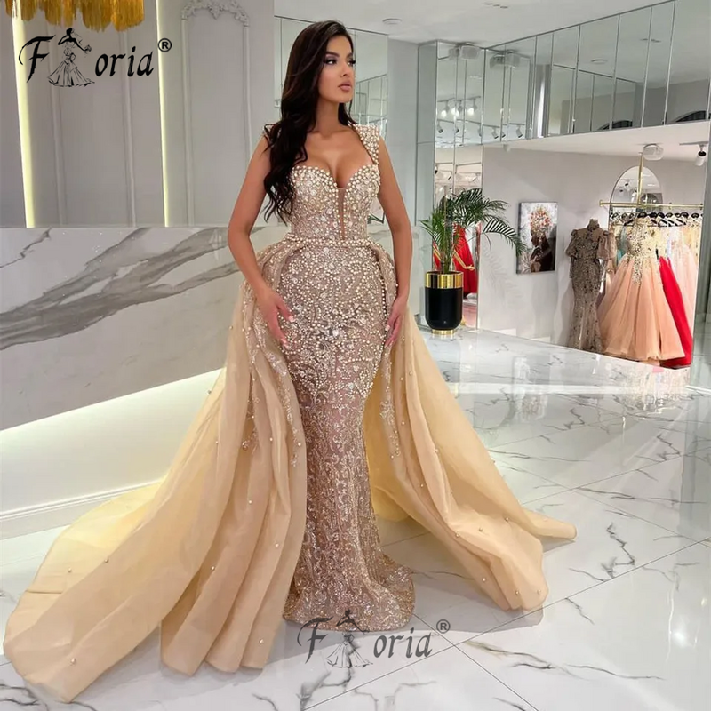 Glamorous Dubai Champagne Mermaid Evening Dress with Detachable Train Pearls Beads Wedding Party Gowns For Woman Custom Made