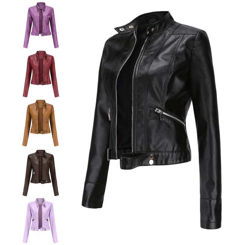 New Leather Jacket Short Section Small Jacket Spring and Autumn Standing Collar Ladies Leather Jacket Female Thin Jacket