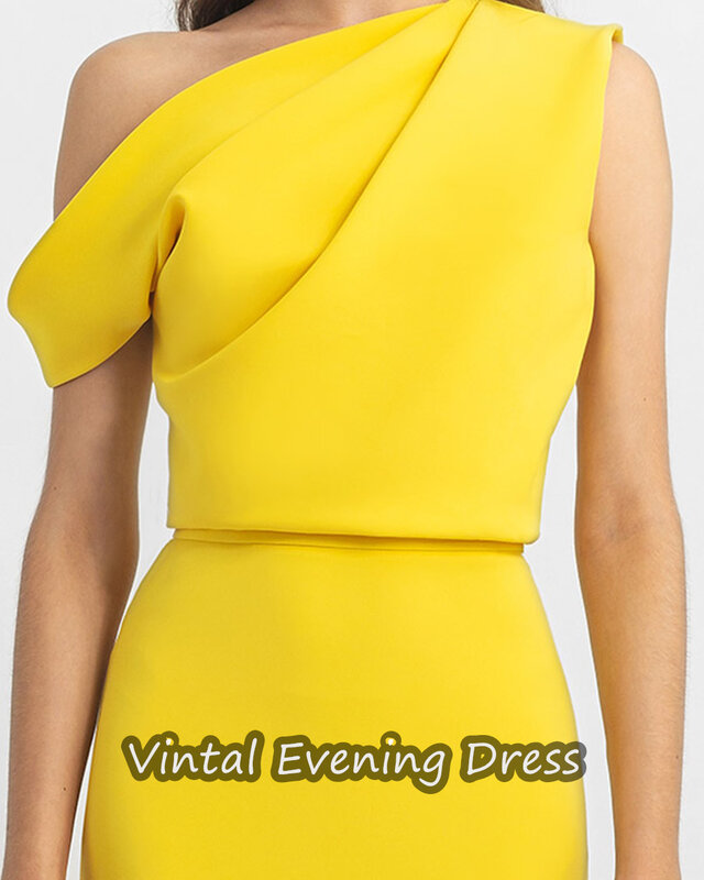 Vindal Knee Length A-Line Evening Dress Sweet Crepe One-Shoulder Zipper Up Prom Dress Short Sleeves Built-in Bra For Woman 2024