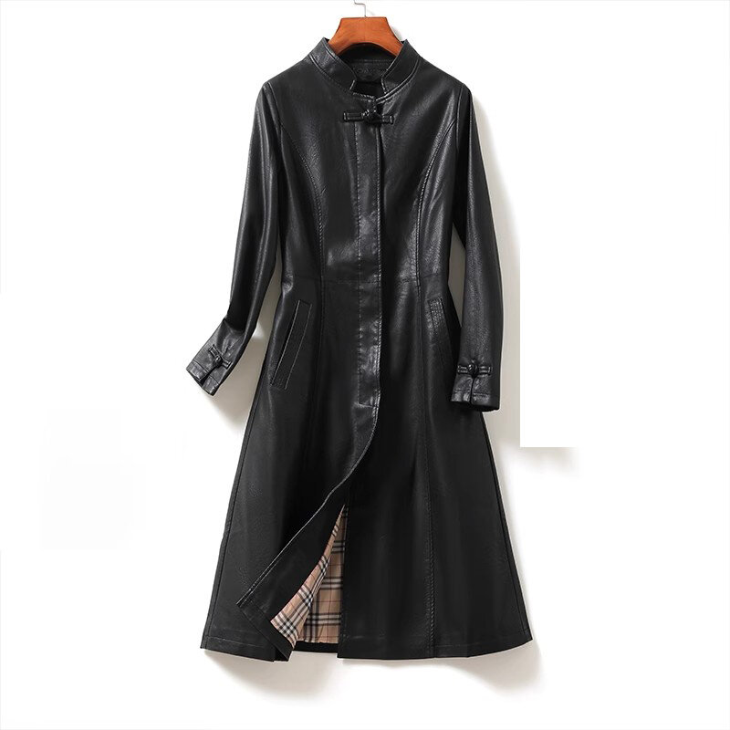 2023 Women Slim Office Lady Genuine Leather Coat Female Stand Collar Button Pocket Leather Coat Autumn Fashion Long Leather Coat