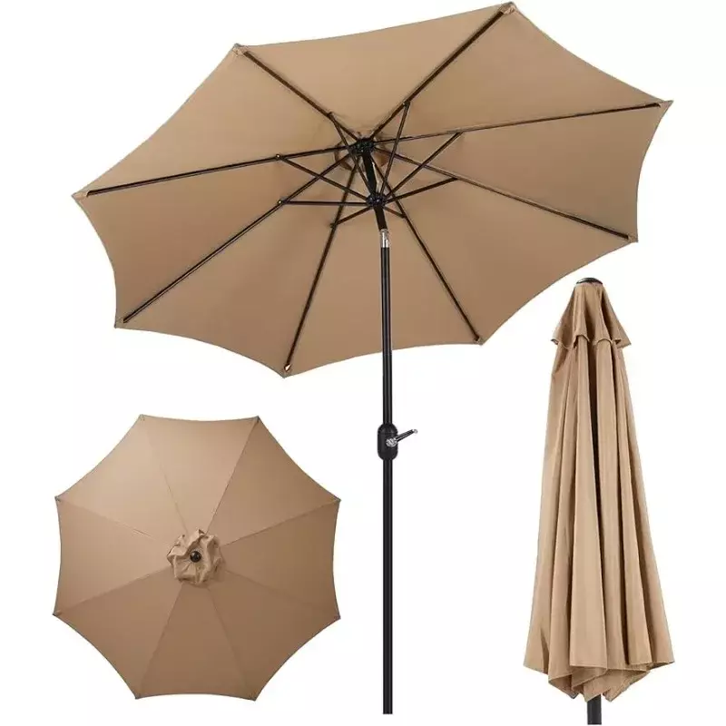 Payung teras luar ruangan 9 kaki, dengan tombol tekan miring dan engkol halaman luar ruangan/meja pasar payung perlindungan UV
