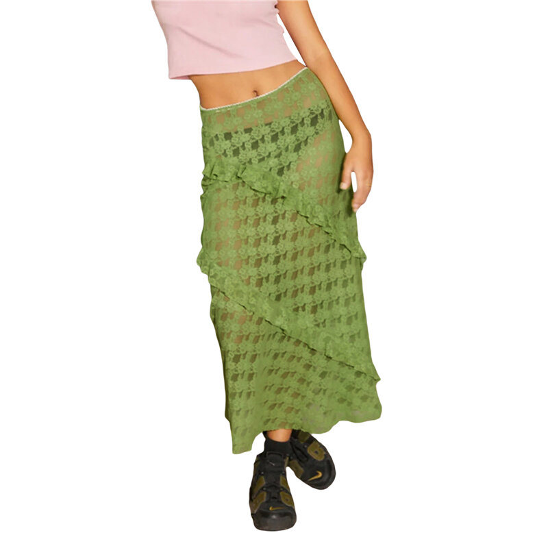 Fairy Grunge y2k Skirt Summer Women Sheer Mesh Lace Flower Jacquard Ruffle Midi Skirts 2000s Aesthetic Skirt Fashion Streetwear