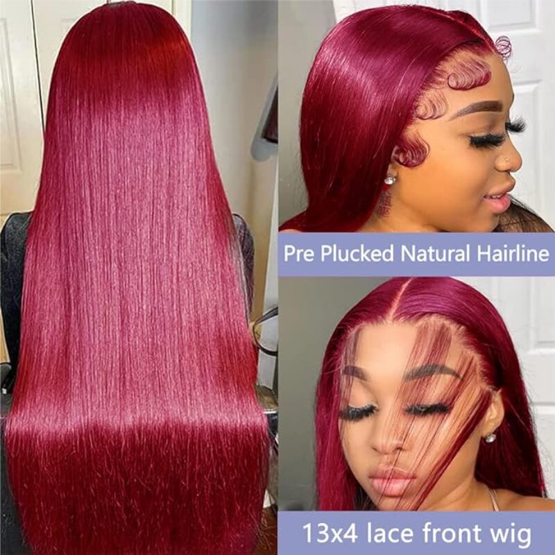 Бордовые передние парики на сетке, дневные прямые 13X4 HD передние парики на сетке, человеческие волосы, безклеевые парики, человеческие волосы