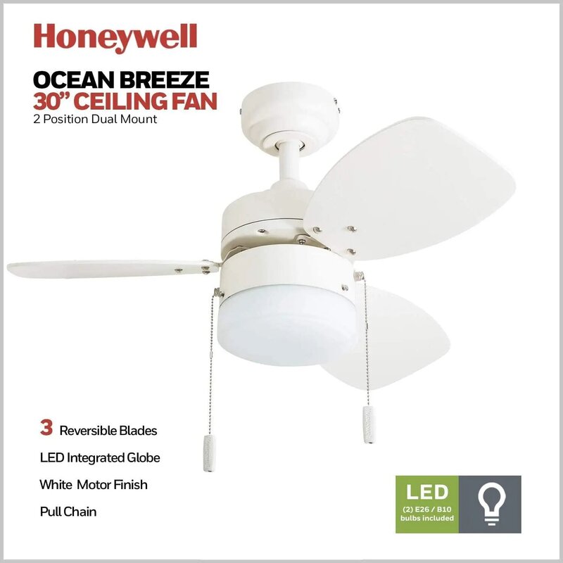 Honeywell Ceiling Fans Ocean Breeze, 30 Inch Modern Indoor LED Ceiling Fan with Light, Pull Chain, Dual Mounting Options