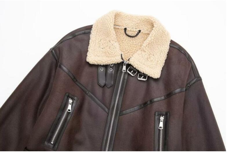 2023 여성용 두꺼운 따뜻한 인조 시얼링 재킷 코트, 빈티지 긴팔 벨트 밑단, 여성 아우터, 시크한 상의, 패션