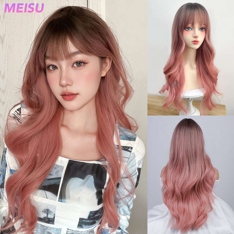 MEISU Gradient Pink Brown Curly Wave Bangs parrucca parrucca sintetica in fibra da 24 pollici resistente al calore Natural Party o Selfie per le donne
