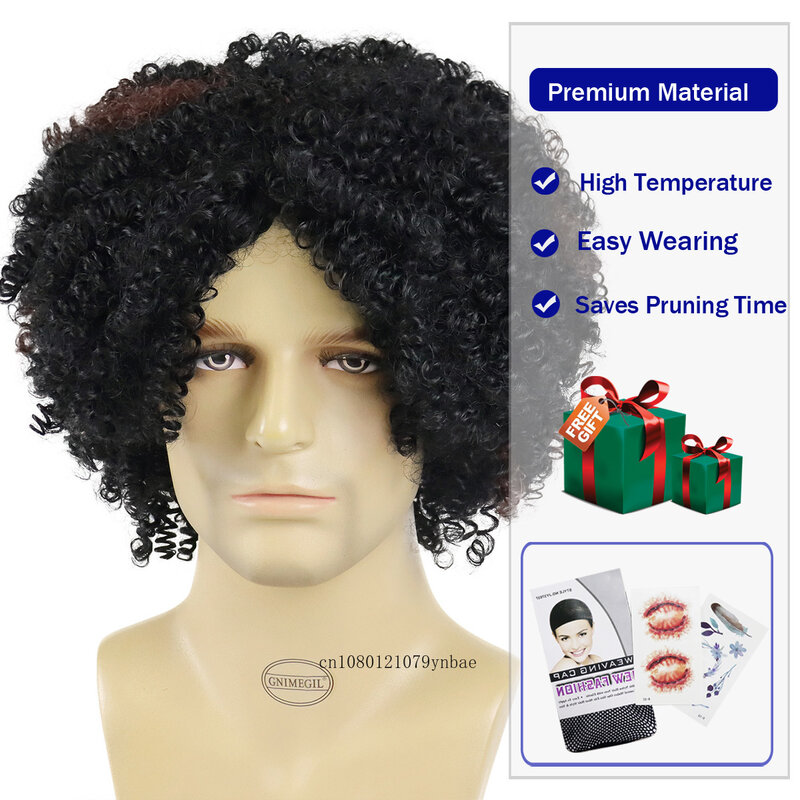 Afro Kinky Curly Wig Mix Black Synthetic Hair Male Adjustable Cap Size Short Haircuts Colly 70s Costume Daily Wigs for Men Use