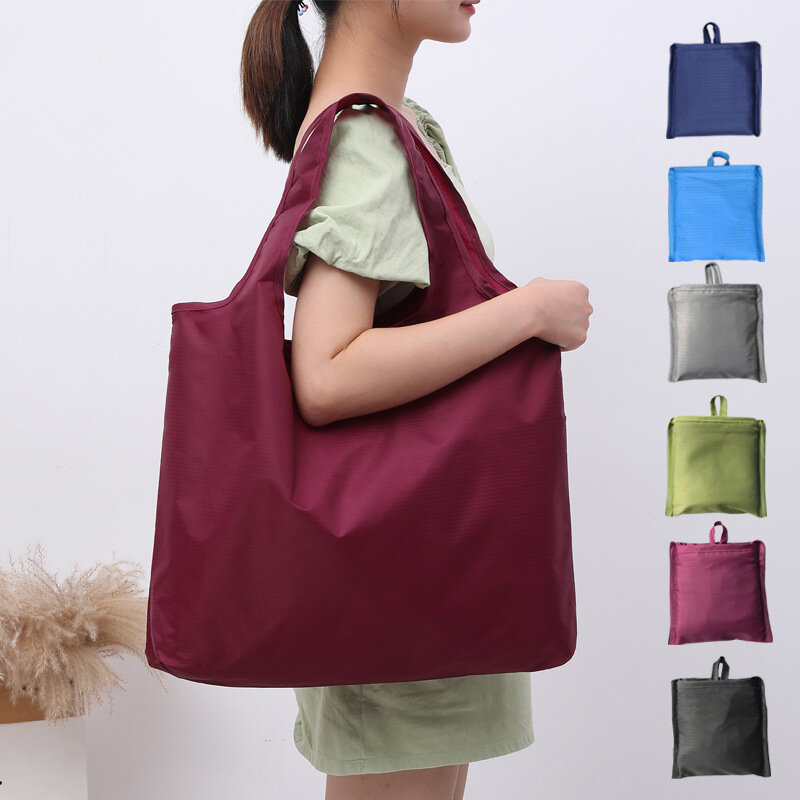 Bolsa de compras plegable ecológica grande, bolso de hombro portátil reutilizable para viaje, bolsa de comestibles simple de color sólido