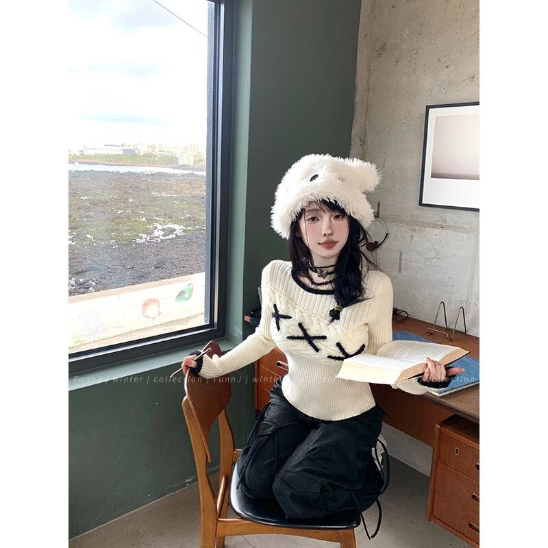 Miiiix koreanische Mode Retro-Design Gefühl Pullover Slim Fit Frauen Kontrast farbe Innen schicht Pullover unten gestrickt Top
