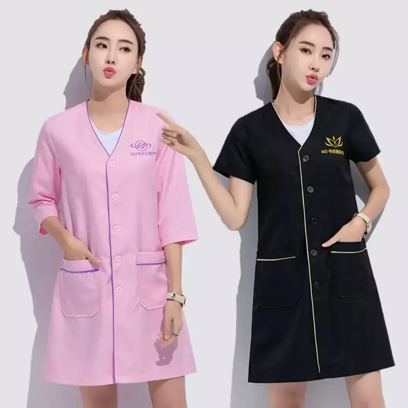 Black short beauty uniform dress spa uniform scrub uniform white plus size Salon grooming clothes Lab coat logo Beautician tops