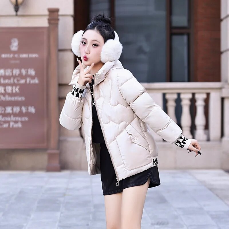 2024 Winter Thick Warm Parker Coat Short Cotton Jacket Glossy Fashion Slim Hooded Down Cotton-Padded Jacket Women's Overcoat