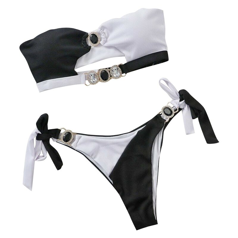 Kryształowy diament biustonosz Bikini strój kąpielowy z patchworkiem bez ramiączek dwuczęściowy strój kąpielowy купальник женский trajes de baño mujer