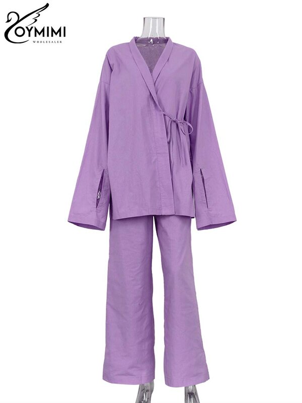 Oymimi-Conjunto elegante de 2 piezas para mujer, camisa de manga larga con abertura y cordones, Pantalones rectos simples, color caqui