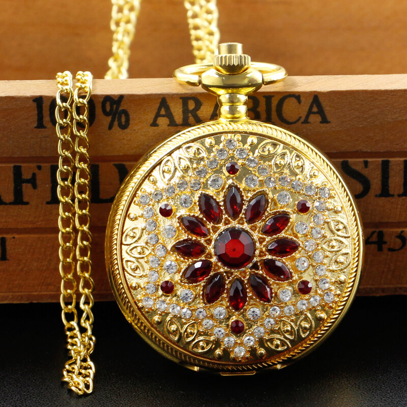 Fashion Quartz Pocket Watch Retro Women's Gold Diamond Design Jewelry Chain Necklace Birthday Timepiece Anniversary Gift