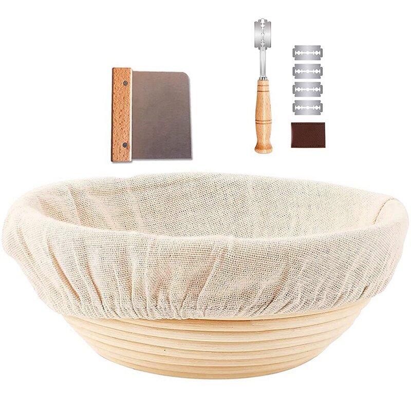 Proofing Basket With Liner, Metal Dough Scraper Sourdough Kit, Rattan Bread Making Tools For Home