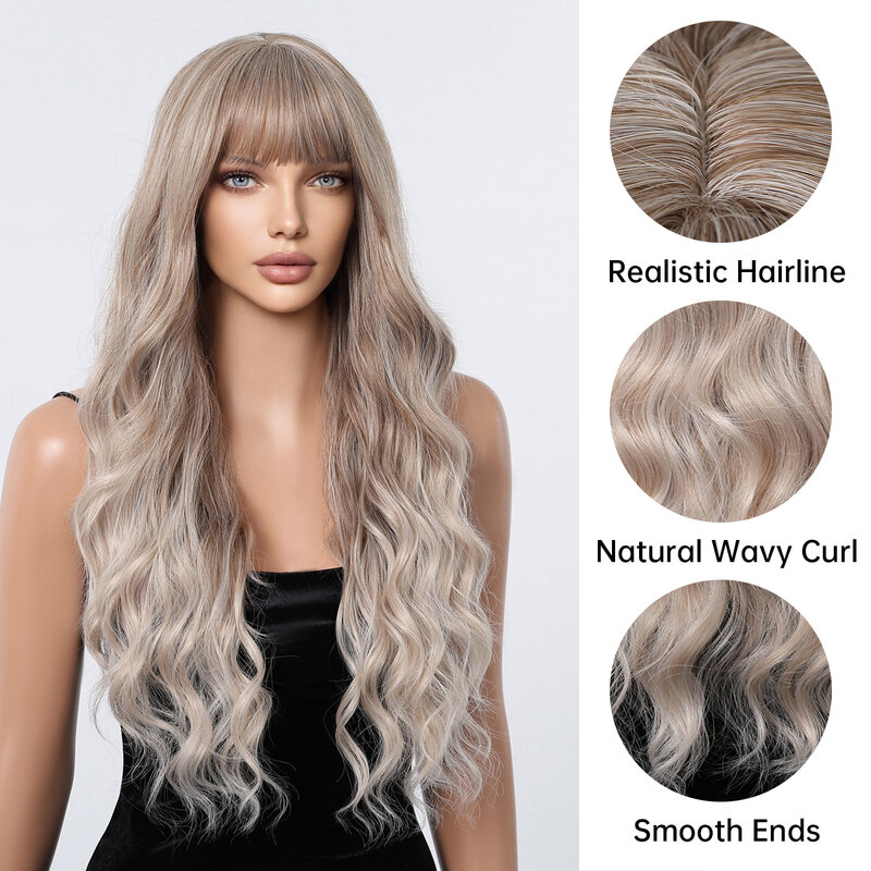 Light Brown Ombre Blonde Long Wavy Synthetic Wig with Bangs Cosplay Daily Water Wave Hair Wigs for Women Natural Heat Resistant