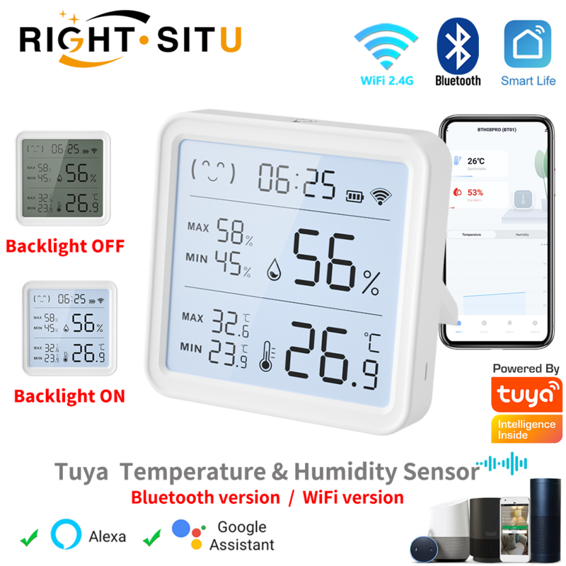 투야 와이파이 온도 습도 센서, 스마트 홈 백라이트 습도계 온도계 호환, 블루투스 앱 리모컨