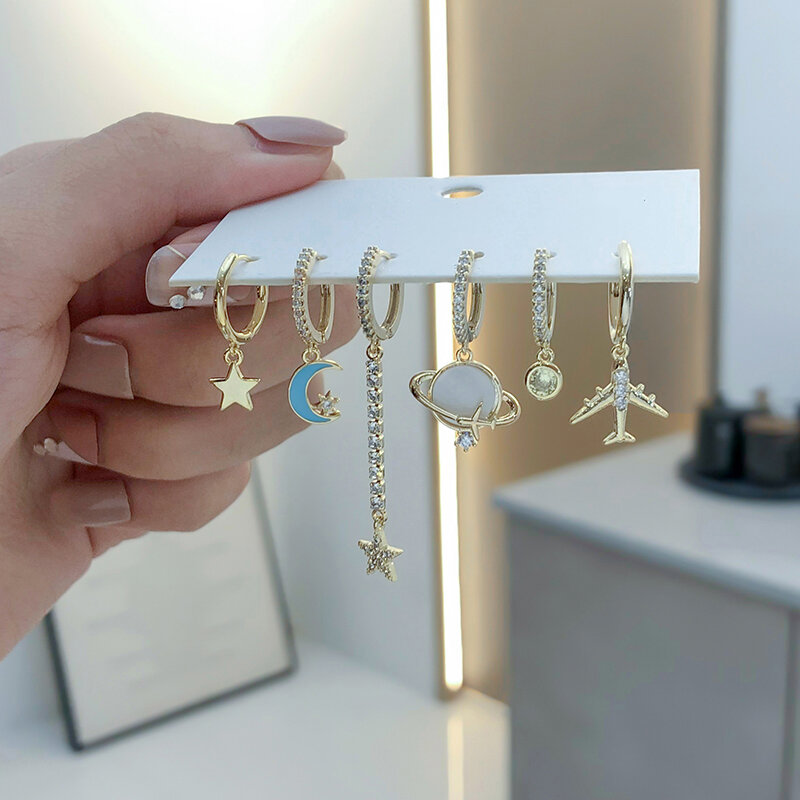 ANENJERY 6Pcs/set Geometric Cross Little Star Moon Strawberry Opals Rhinestones Hoop Earrings for Women Jewelry Wholesale