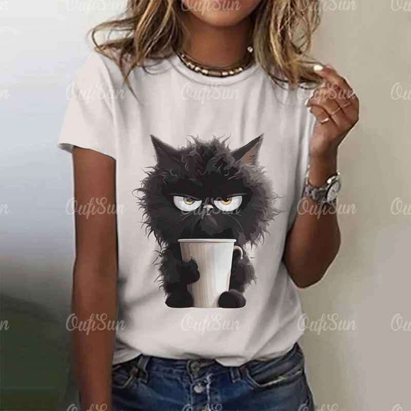 Summer Women's T Shirt Angry Cat Print V-Neck Short Sleeve Tops Casual Pullover Street Oversized Female Clothing Animal T-Shirts