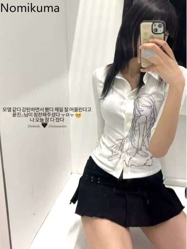 Blusa ajustada con estampado De dibujos animados para Mujer, camisa coreana a la Moda, color blanco, dulce, para verano, 2024